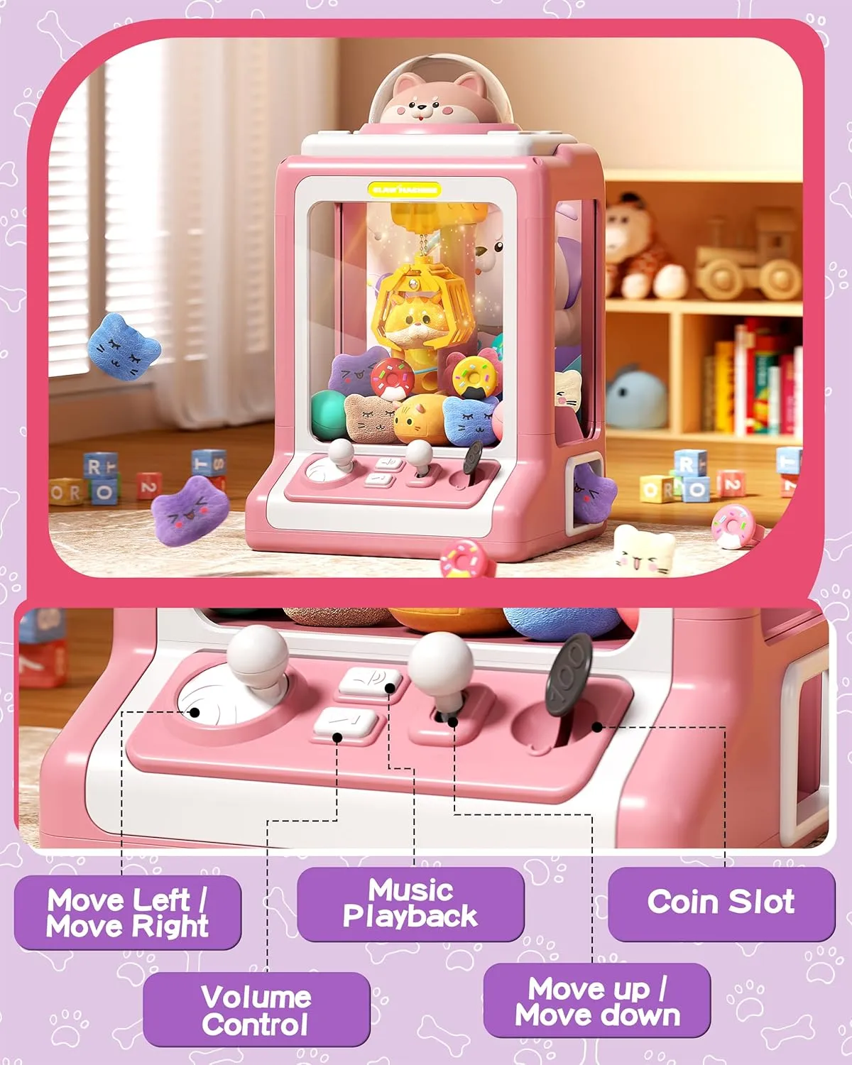Vending Machine with Game Coins & Music$ Prize Dispenser Toys for Girls and Boys$ Electronic Claw Game Machine for Party Birthdays$ reach yeast Includes 35 Mini Toys (Doggy Pink) Claw Machine for Kids$ Mini 