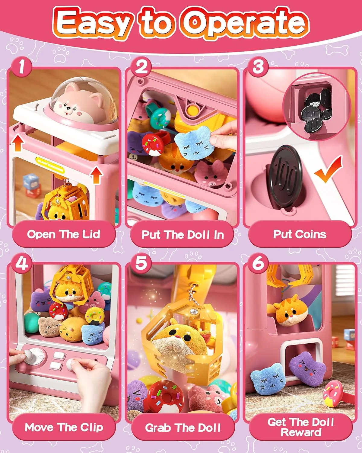 Vending Machine with Game Coins & Music$ Prize Dispenser Toys for Girls and Boys$ Electronic Claw Game Machine for Party Birthdays$ reach yeast Includes 35 Mini Toys (Doggy Pink) Claw Machine for Kids$ Mini 