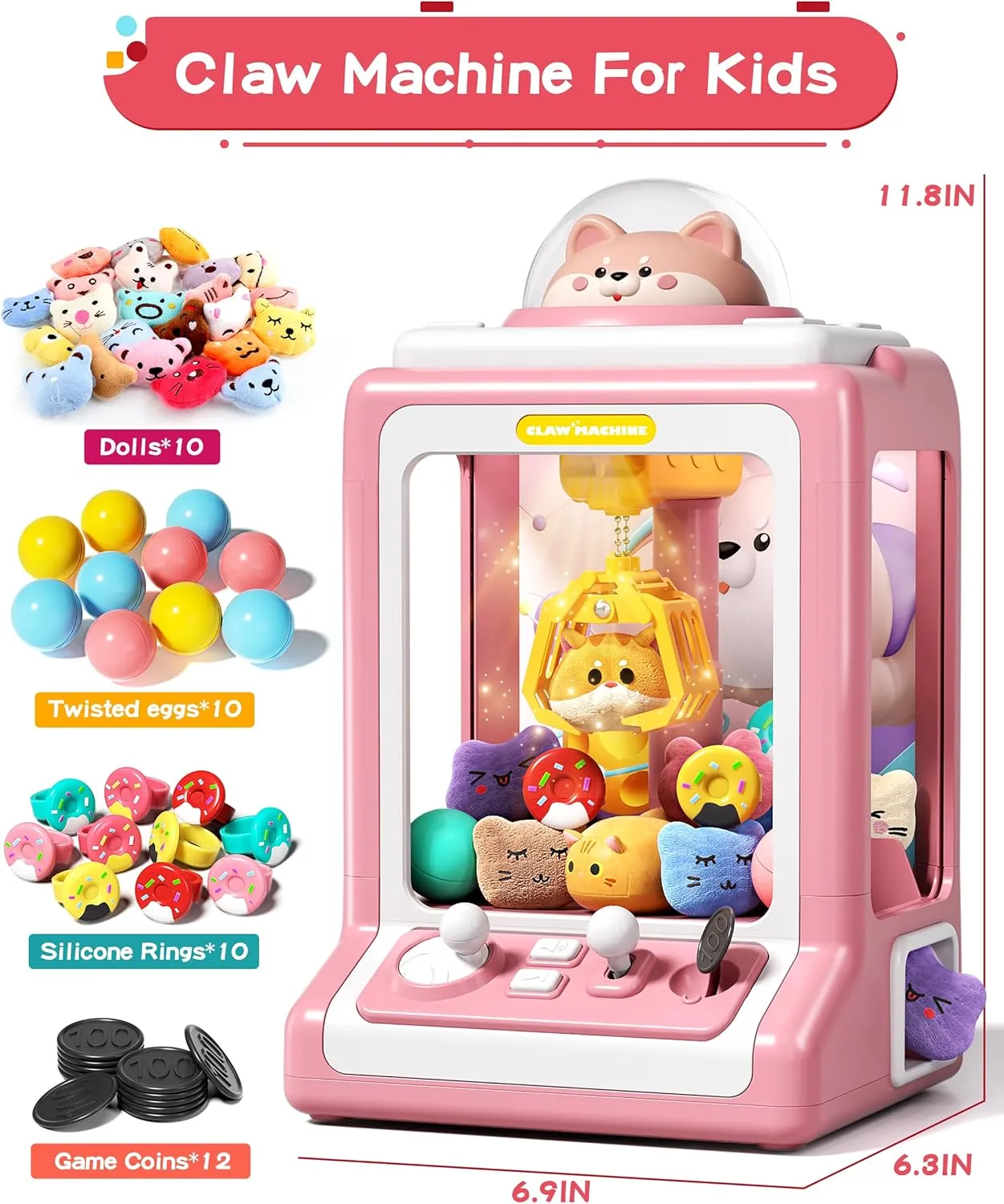 Vending Machine with Game Coins & Music$ Prize Dispenser Toys for Girls and Boys$ Electronic Claw Game Machine for Party Birthdays$ reach yeast Includes 35 Mini Toys (Doggy Pink) Claw Machine for Kids$ Mini 