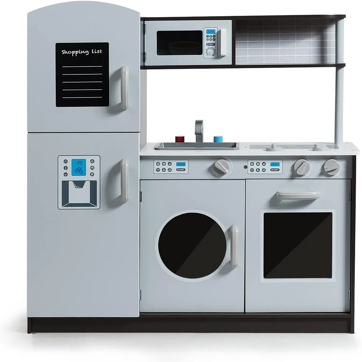 Washing Machine$ Wooden Play Kitchen for Toddlers$ Gift for Boys Girls (Grey) GLACER Kids Kitchen Playset$ Pretend Cooking Food wield revise fluid Set w/Simulated Sound$ Sink$ Stove$ Refrigerator$ Oven$ 