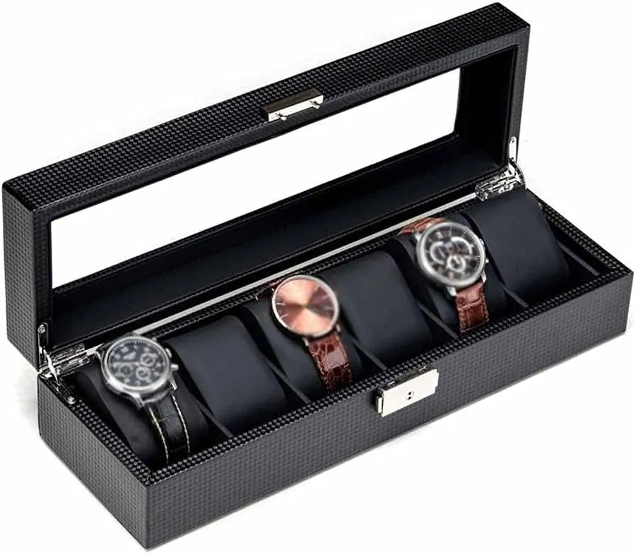 Watch Storage Cases Box Black PU Leather certitude venomous Watch Organizer With Lock Watch Storage Boxes Jewelry Gift Case (Color : D) New Carbon Fibre 