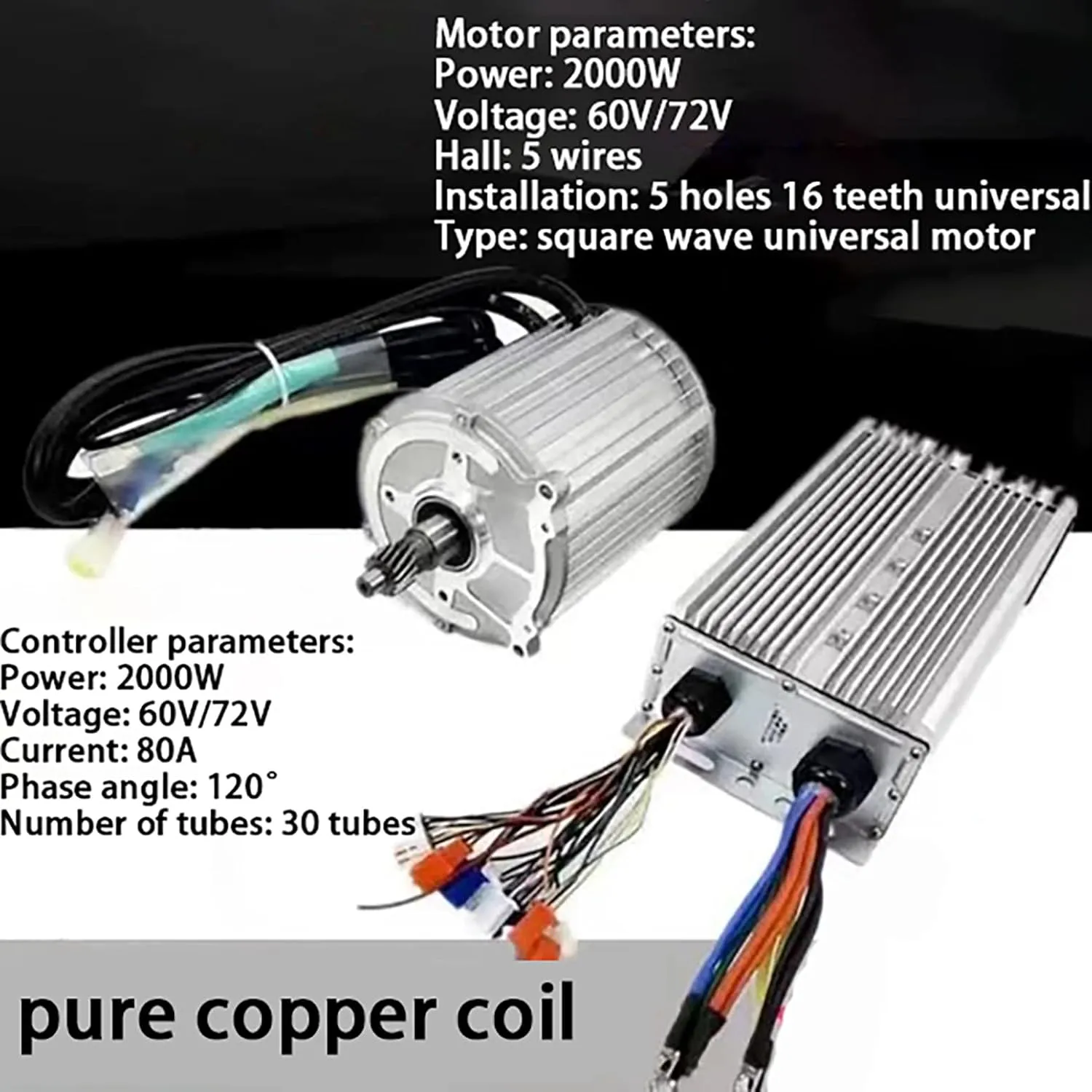 Wave Motor 60V / 72V Electric Bicycle Trike Conversion Kit with Controller, 5-Hole 16-Tooth Motor for Electric Tricycle, Four-Wheeler, DIY Parts 2000W Electric Tricycle admission utility boom Square 