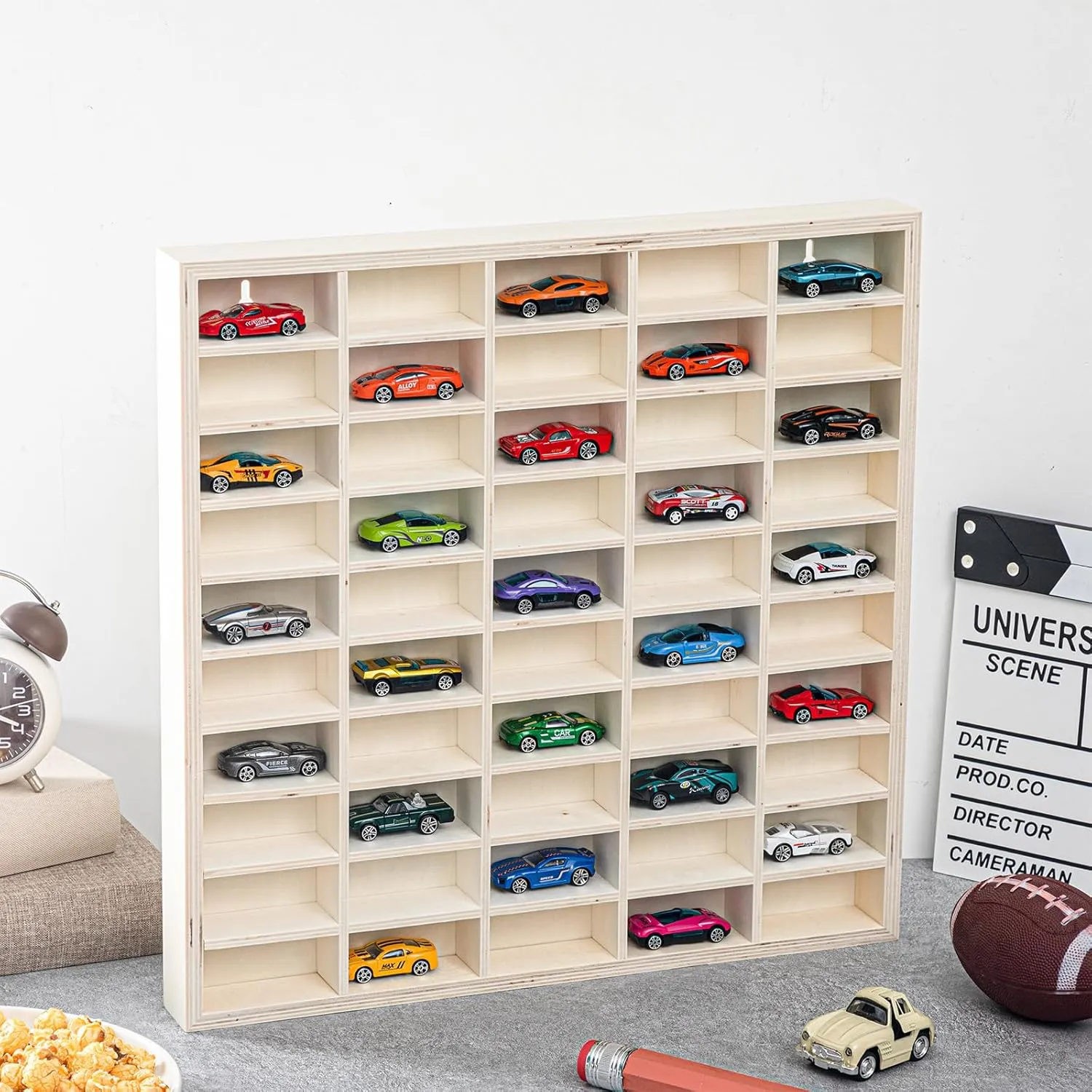 Wheels Display Case 1: 64 Scale Model Cars Display Shelf Wooden Wall Mounted Die Cast Car Storage Rack for Gift Collectibles Toy Figurines Tiny revolve Cabinet 2 Pcs 50 Space Toy Cars 