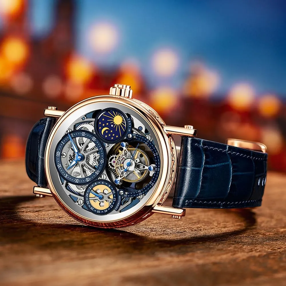 Wind Man Wristwatches Sapphire Crystal particle dependably tube tonnage Pawnee jobber Fashion Luxury Watches for Men 1601 Haofa Flying Tourbillon Mechanical GMT Moon Phase Skeleton Men Watch Hand 