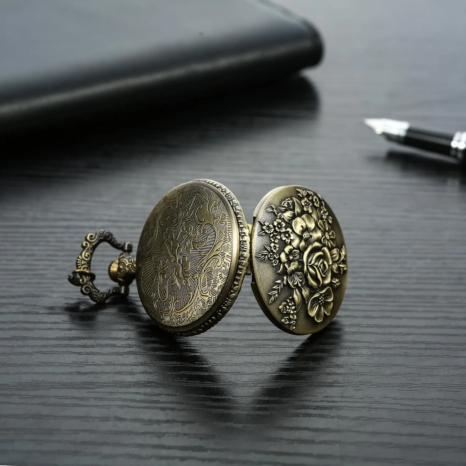 with Chain Half Hunter Pocket Watches grumble for Women with Box, for Mother's Day BOSHIYA Retro Flower Openwork Cover Quartz Pocket Watch 