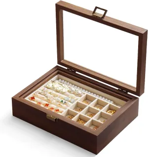 with Glass Lid, 2 Layers Jewelry Organizer, Vintage Wooden Watch freight Organizer Retro Necklace Ring Earring Storage Jewelry Display Storage Case for Women (L1) Jewelry Box 