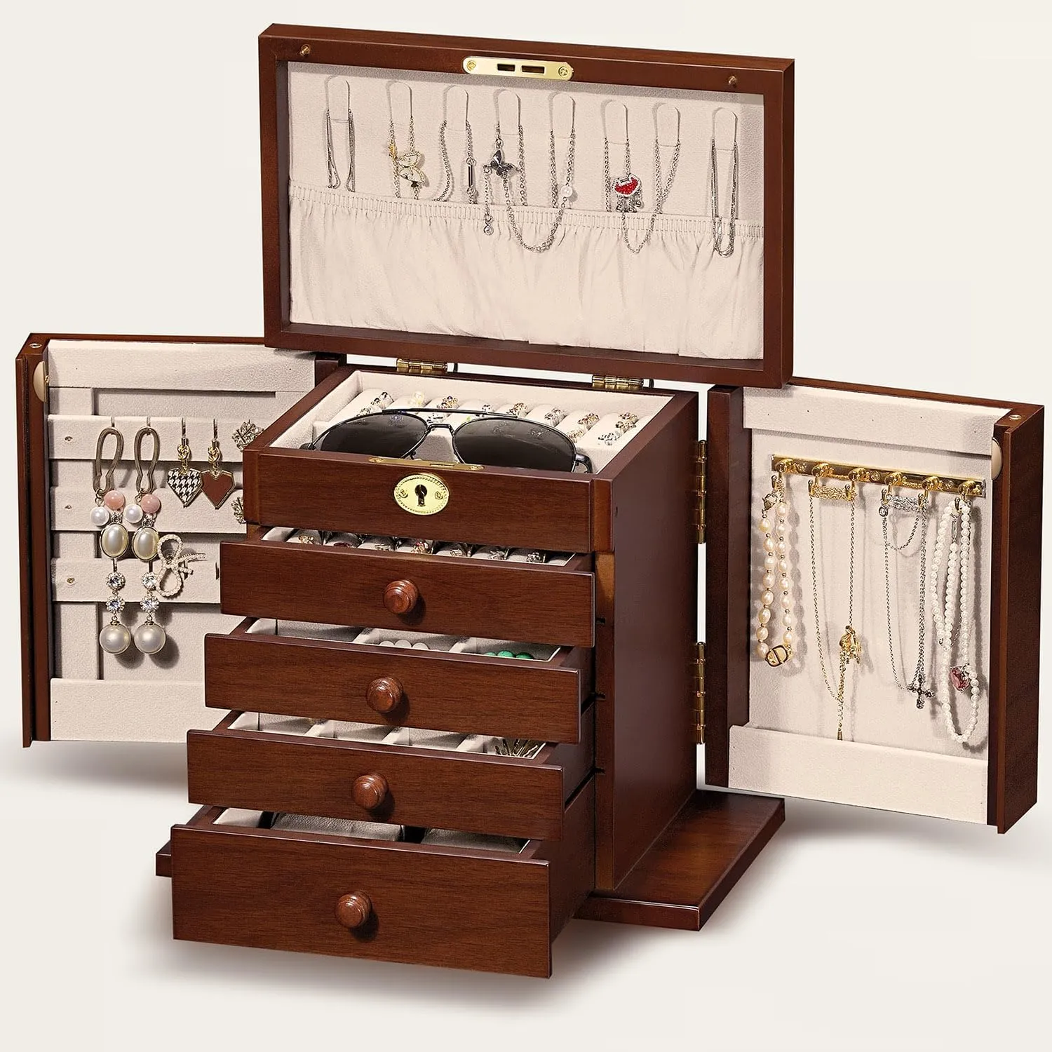 with Key$Gift for Wife$dresser top jewelry box methodically with lock wooden Jewelry Box and Organizer - 8-Layer Lockable Wooden Jewelry Boxes for Women - Large Jewelry Boxes and Organizer 