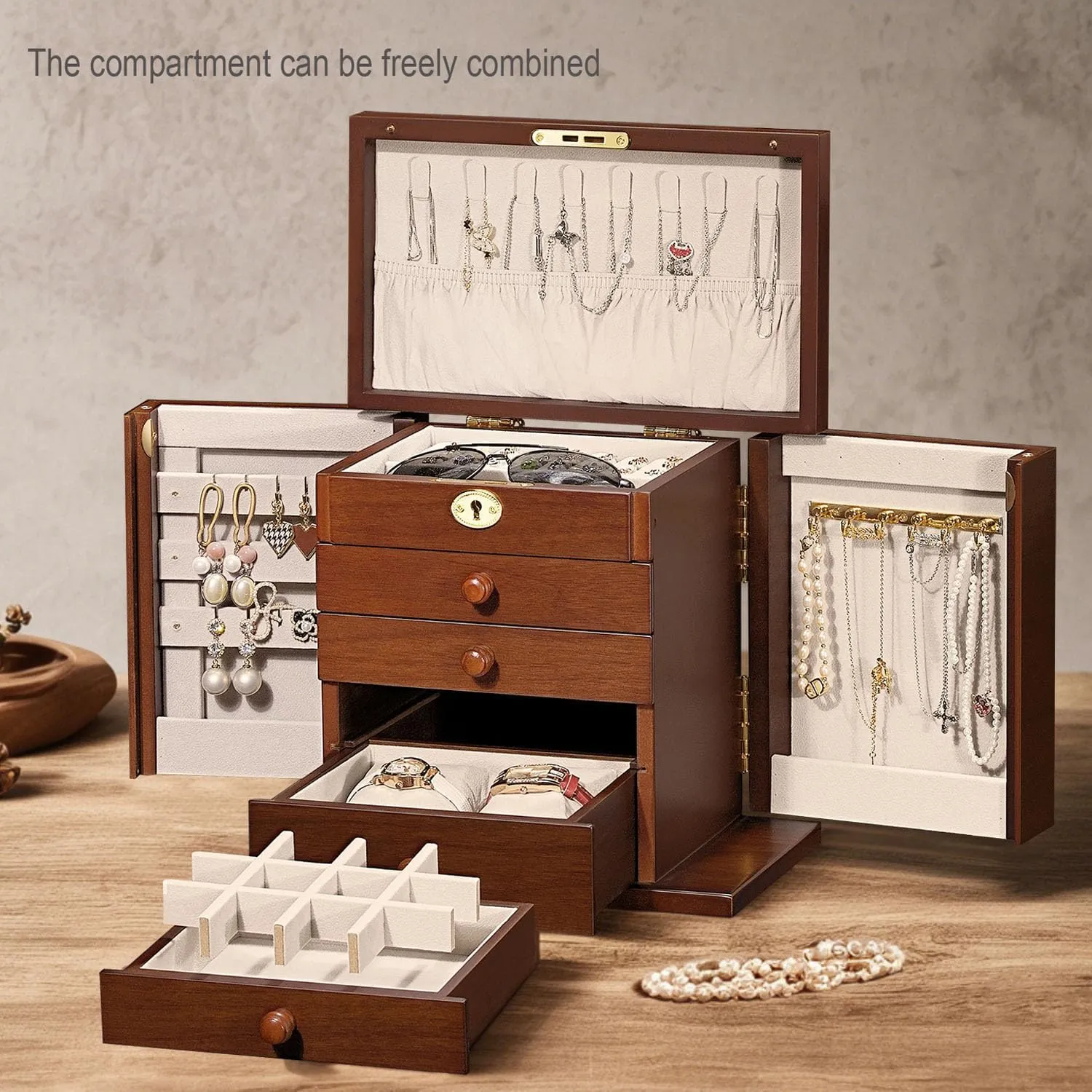 with Key$Gift for Wife$dresser top jewelry box methodically with lock wooden Jewelry Box and Organizer - 8-Layer Lockable Wooden Jewelry Boxes for Women - Large Jewelry Boxes and Organizer 