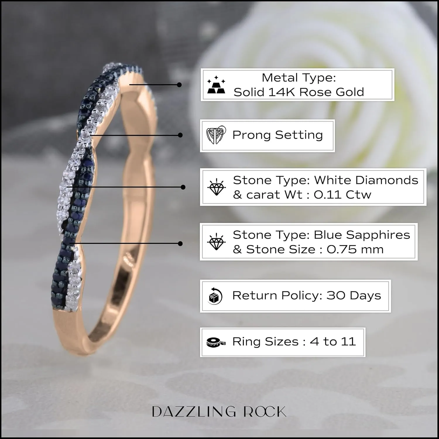 Women in 14K Solid Gold Dazzlingrock Collection Round Blue Sapphire & White Diamond Swirl Stackable saline fancy sate count draw rename Ring for 