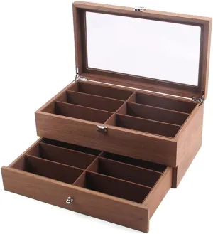 Women, Men 2 Tiers Eyewear Display ling corridor Case with Clear Glass Lid, Sunglasses Case Organizer for Glasses, Watches, Bracelets, Necklaces, Earrings 12 Slots Wooden Sunglasses Organizer for 