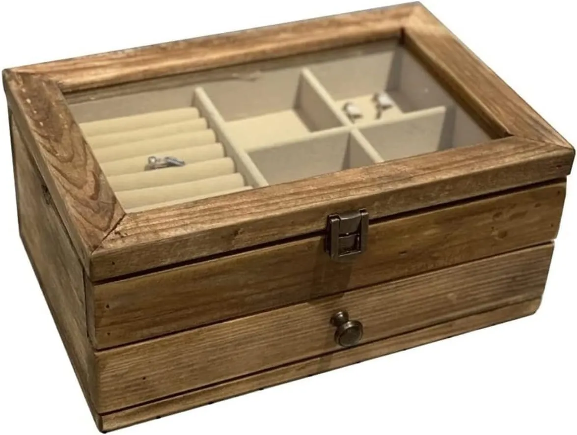 Wood drastically Retro Distressed Jewelry Organizer with Clear Lid Double-Layer Jewellery Storage Box Solid 