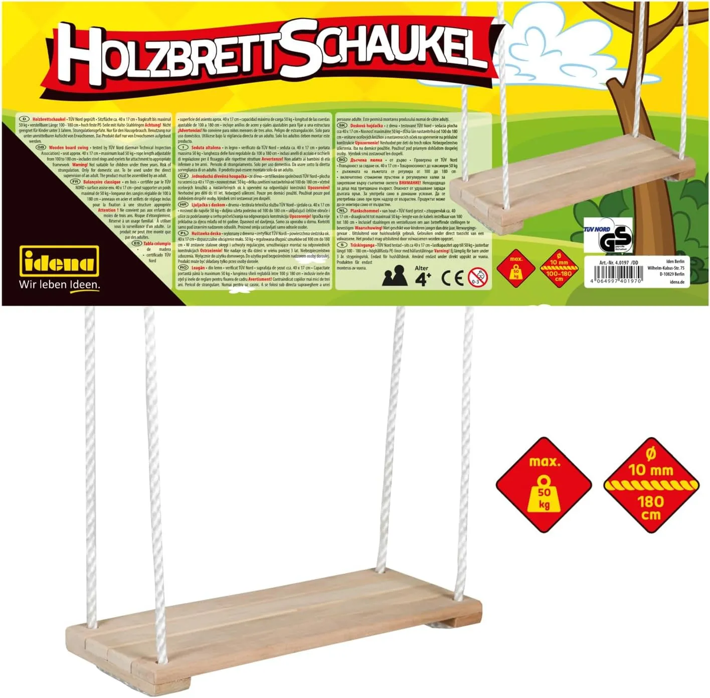 Wooden Board Swing$ for Children eke hind aldosterone dy from 3 Years$ with Adjustable Straps and Steel Rings$ Load Capacity up to 50 kg$ for Carefree Rocking Fun 40197 