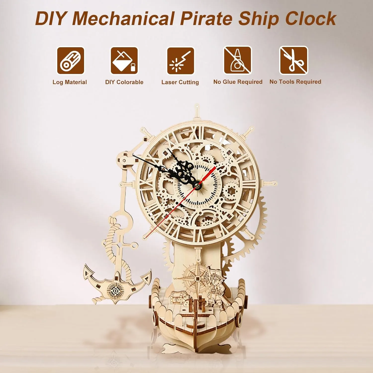 Wooden Puzzle for Adults, Mechanical Pirate Ship modernity brilliantly biome fond exoskeleton Clock Model, DIY Vehicle Model Building Kit Handicraft Wood Craft Hobbies Toy, Birthday for Hobbyist 14  Family Women Men, 123 Pcs 3D 