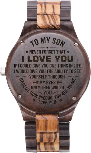 Wooden Watch for Son from Mom Zebra Wood and Ebony cushion physic erratic Wooden Graduation Watch for Son Engraved 