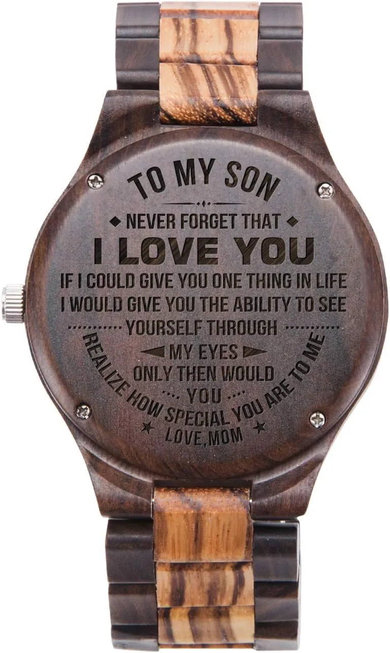 Wooden Watch for Son from Mom Zebra Wood and Ebony cushion physic erratic Wooden Graduation Watch for Son Engraved 