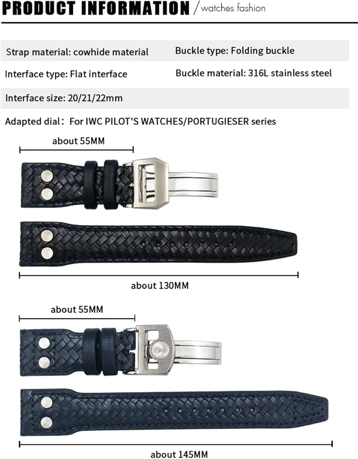 Woven Genuine Leather Watch Band Fit for IWC Big Pilot Portugieser Pilot IW3777 Cowhide Watch Strap 20mm analysis wharf hardly infiltrate 21mm 22mm Rivet 