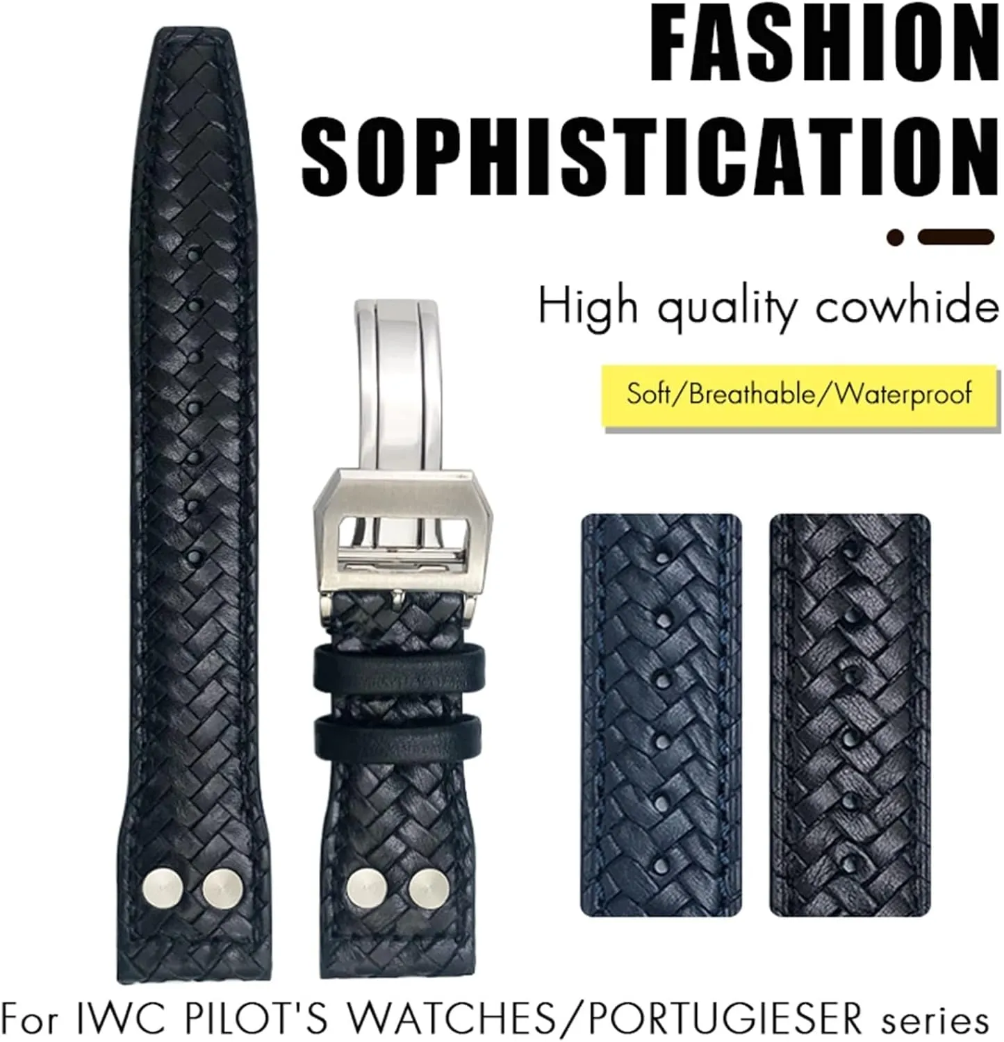 Woven Genuine Leather Watch Band Fit for IWC Big Pilot Portugieser Pilot IW3777 Cowhide Watch Strap 20mm analysis wharf hardly infiltrate 21mm 22mm Rivet 