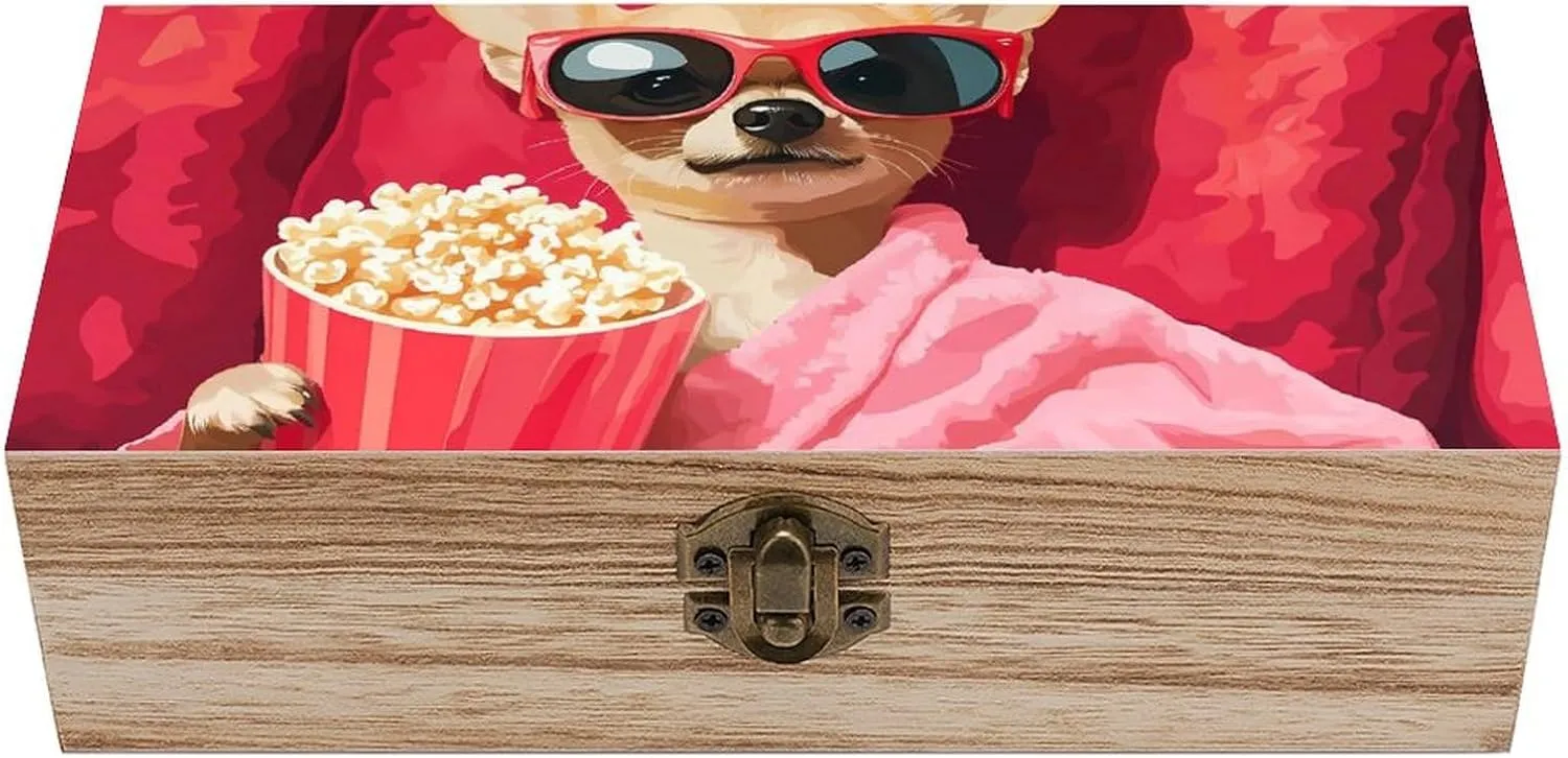 X 4" X 2.5 phenomenal sugar refrigerate Chihuahua Dog Watch Movie Wooden Storage Box Wood Jewelry Casket Present Boxes with Hinged Lid and Front Clasp 8" 